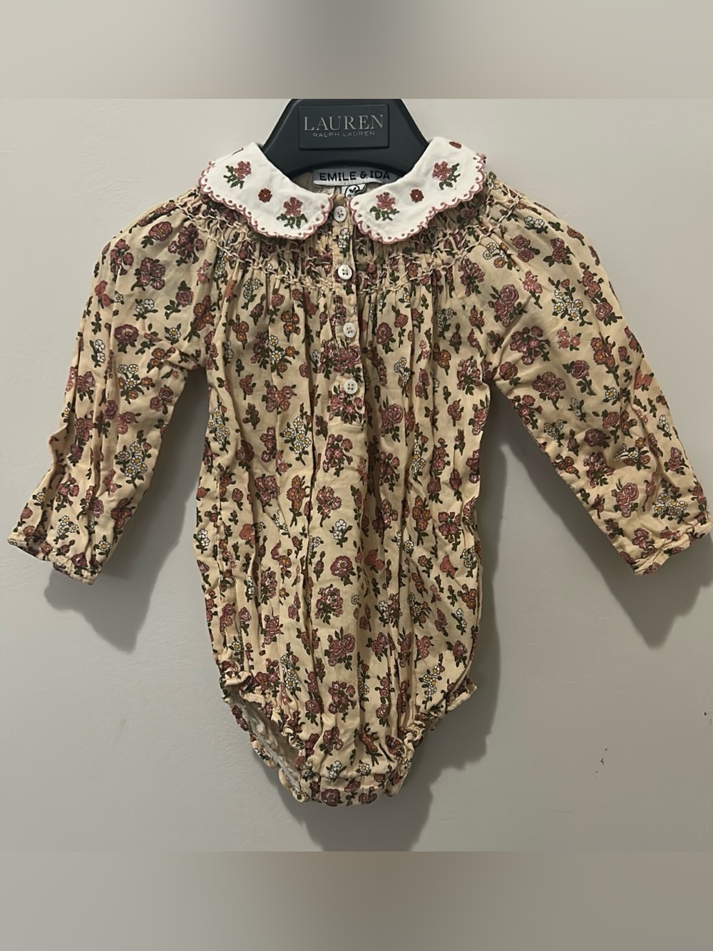 Emile et Ida Cream Floral Smocked Long-Sleeve One-Piece